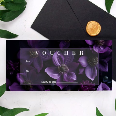 Elegancki voucher z motywem fioletowych kwiatów oraz logo firmy - Purple